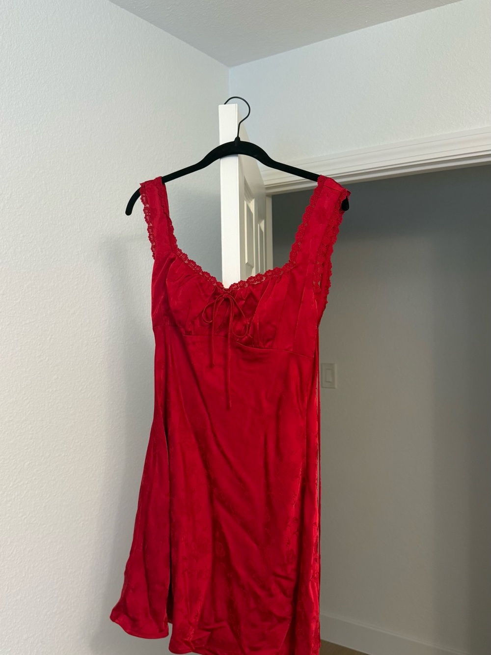 American Threads Red Satin Lace-Trim Mini Dress